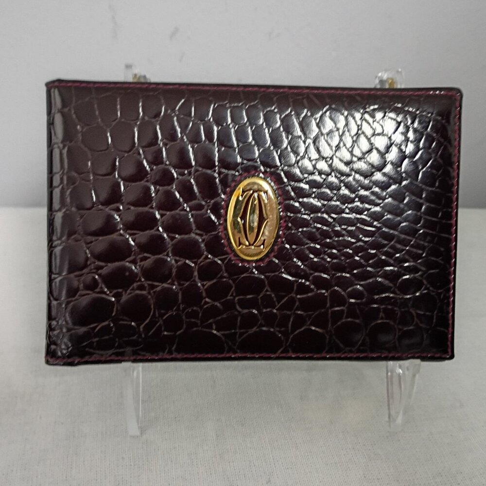 ❤️Authen CARTIER  Burgundy Patent Leather Croc Print ID Billfold Wallet 5.5 x3.5